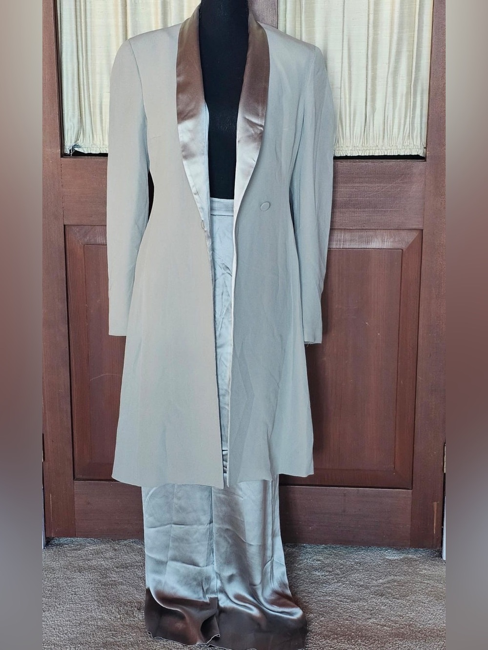 Giorgio Armani Light Gray Trench Coat with Satin Shawl Collar